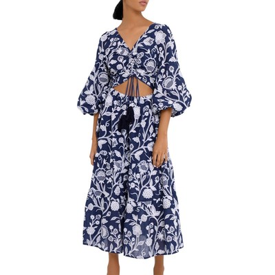 

Waimari Womens Emanuelle Темно-синее хлопковое платье миди с вышивкой и вырезами  BHFO 3227, Navy