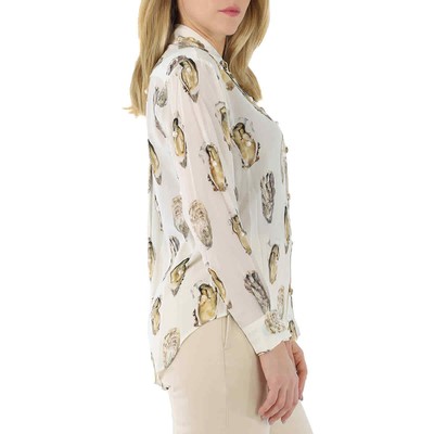 Pre-owned Burberry Ladies Oyster- Print Pearl- Embellished Shirt In White