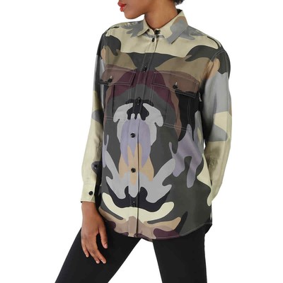Pre-owned Burberry Ladies Ferne Camouflage Print Oversized Silk Shirt In Green