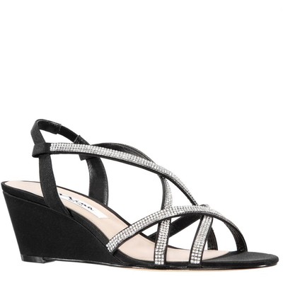 

Nina Женские атласные нарядные босоножки на танкетке со стразами Nadette BHFO 2565, Black luster satin, Nadette