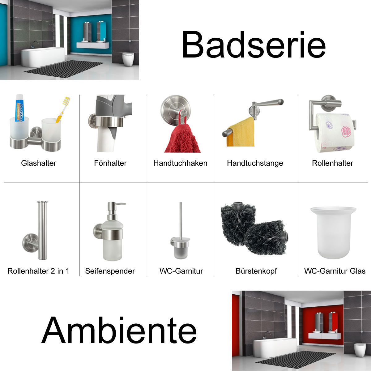 Badserie Ambiente - Edelstahl Badzubehör | Badset | Badaccessoires | Wand | Matt