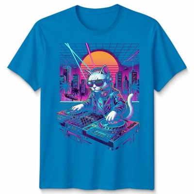 Cat DJ Retro Synthwave Animals Music mens T-Shirt Womens Tee Graphic Tee