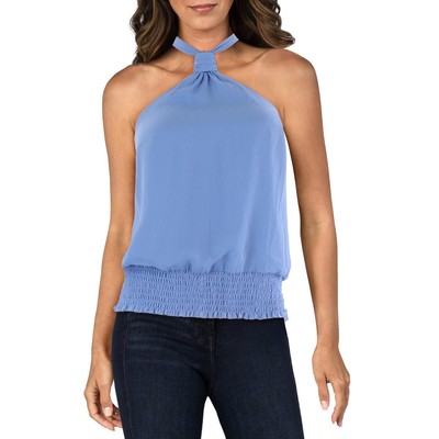 INC Womens Blue Crop Smocked Blouse Halter Top Shirt L BHFO 0722