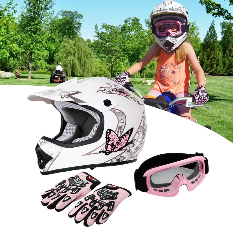 TCMT Youth Pink Butterfly Dirt Bike ATVMX Helmet Motocross+Goggles+Gloves S~XL