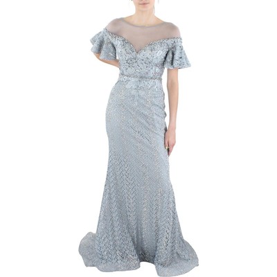 

Женское вечернее платье Mac Duggal с серебряной отделкой и сетчатой вставкой  BHFO 6285, Platinum