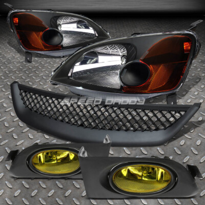 ЧЕРНЫЕ ФАРЫ ГОЛОВНОГО СВЕТА С ЯНТАРНЫМ УГЛОМ НАКЛОНА + ЖЕЛТАЯ ЛИНЗА ПРОТИВОТУМАННОЙ ФАРЫ OE + РЕШЕТКА РАДИАТОРА ДЛЯ 01-03 CIVIC