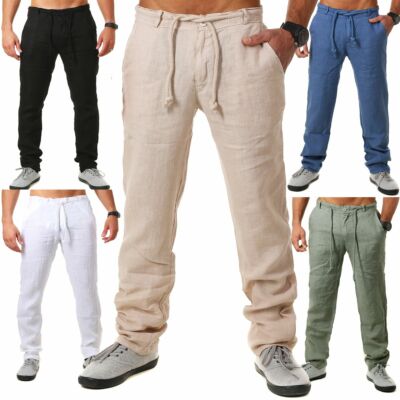 Young & Rich Herren 100% Leinen Hose Sommerhose mit Kordelzug tapered legs T4080