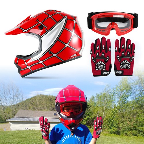 Youth Red Spider Net Dirt Bike Motocross ATV MX Helmet w/Goggles+