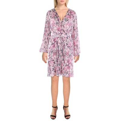 

Женское розовое шифоновое платье с запахом и искусственным запахом DKNY, облегающее и расклешенное,  BHFO 9910, Pink multi