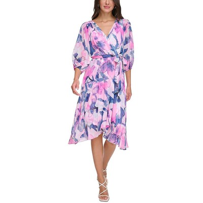 Женское розовое шифоновое повседневное платье миди с цветочным принтом DKNY 8 BHFO 3580