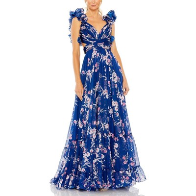 Женское синее шифоновое вечернее платье Mac Duggal на шнуровке 2 BHFO 2583