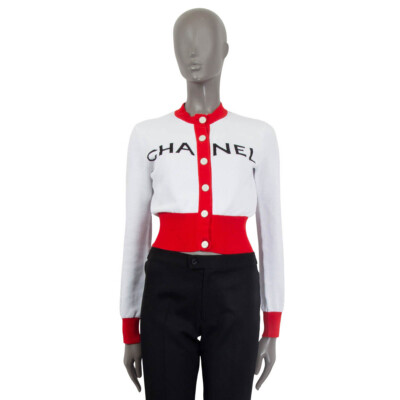65715 auth CHANEL red & white cotton ICONIC 2019 CROPPED