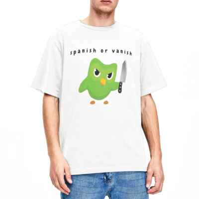 Funny Duolingo Owl Spanish Or Vanish T-Shirt Men Women's Crewneck Pure Cotton Sh