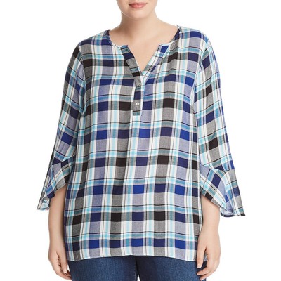 

Женская синяя клетчатая рубашка на пуговицах с V-образным вырезом Status by Chenault Plus  BHFO 7708, Blue plaid