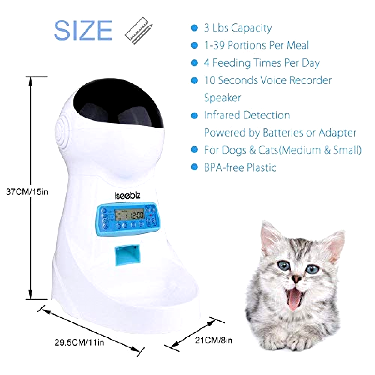 Iseebiz Automatic Dog Cat Feeder 3Lb Pet Food Dispenser Voice Recorder Timer