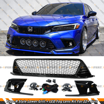 FOR 2022-24 CIVIC GLOSS BLACK TYPE-R STYLE FRONT LOWER GRILL + LED FOG LENS KIT