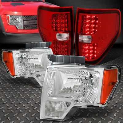 ДЛЯ 09-14 FORD F150 ХРОМИРОВАННЫЙ КОРПУС ЯНТАРНОЙ УГЛОВОЙ ФАРЫ + КРАСНАЯ ЛИНЗА СВЕТОДИОДНОГО ЗАДНЕГО ФОНАРЯ