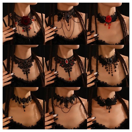 Black Lace Gothic Punk Choker Necklace with Pearl Tassel Roseflower Jewelry