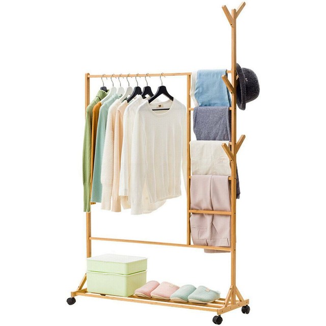 Wooden Clothes Hanger Rack Storage Stand Shoe Garment Coat Bag Hat Bam