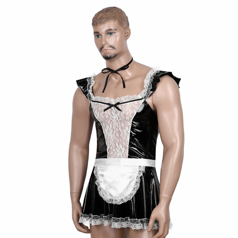 Wet Look French Maid Costume Uniform Mens Stag Do Funny Adult Fancy