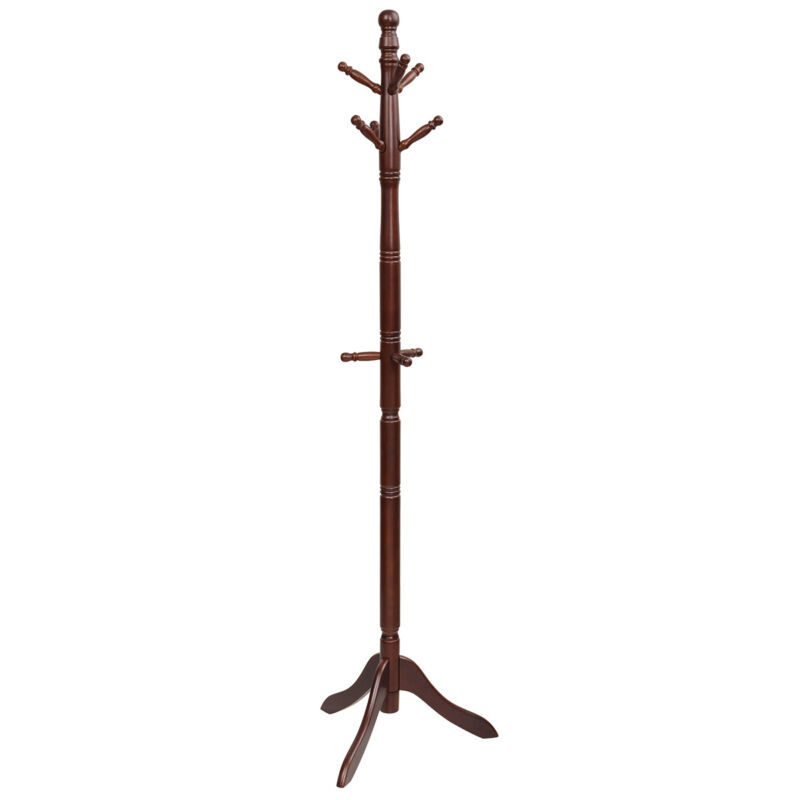 Free Standing Coat Rack Wooden Hall Tree 2 Adjustable Height w/ 9 Hooks Walnut
