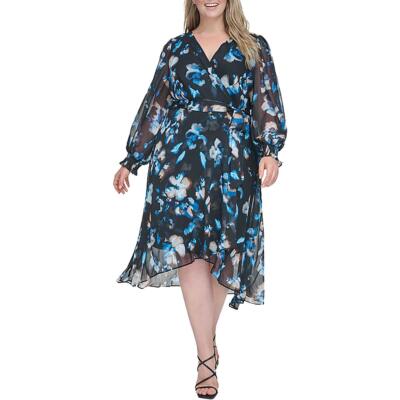 DKNY Womens Chiffon Balloon Sleeves Midi Wrap Dress Plus BHFO 5516