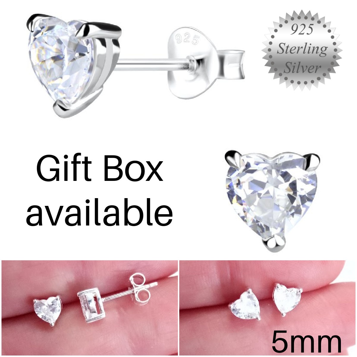 5mm Heart Stud Earrings with Clear CZ | 925 Sterling Silver | Gift Box available