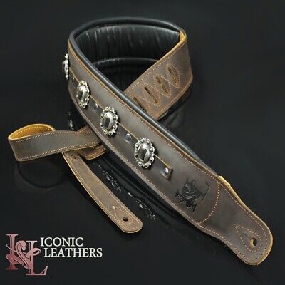 Iconic CUSTOM SHOP Conchos 3.25'' Brown Leather Padded  Guitar Bass Strap #1
