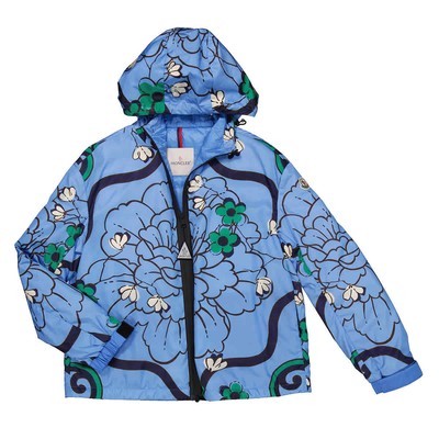 Pre-owned Moncler Lil Macro-floral Print Quilted Jacket, Brand Size 0 (x-small) In Blue