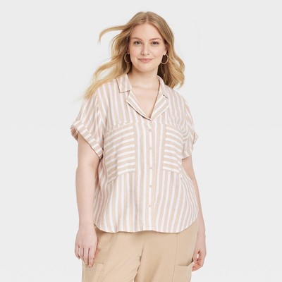 Universal Thread Tan & Ecru Striped Short Sleeve Collared Button Up Shirt SZ 3X