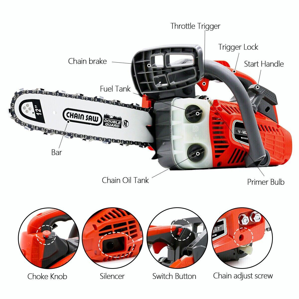 25.4CC Gas Chainsaw 12'' Top Handle Gasoline Powered Chain Saw 2-Stroke 1000W