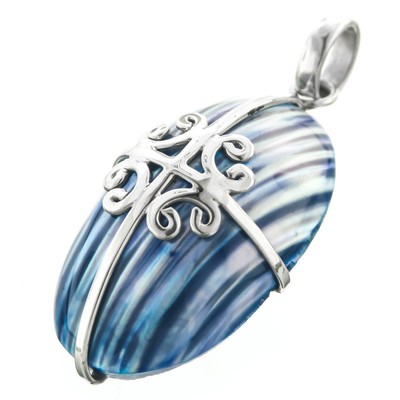 925 Sterling Silver Blue Mother Of Pearl Turbo Shell Sterling Pendant, 1 9/16''