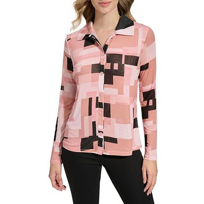 Calvin Klein Womens Pink Mesh Button Down Button-Down Top Shirt L BHFO 2055
