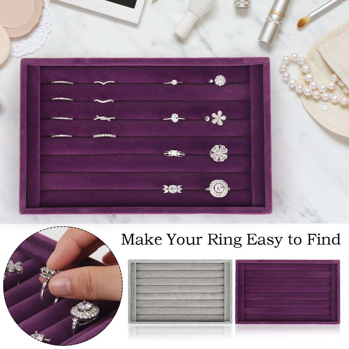 Velvet Jewelry Ring Display Organizer Case Tray Holder Earring Storage Box