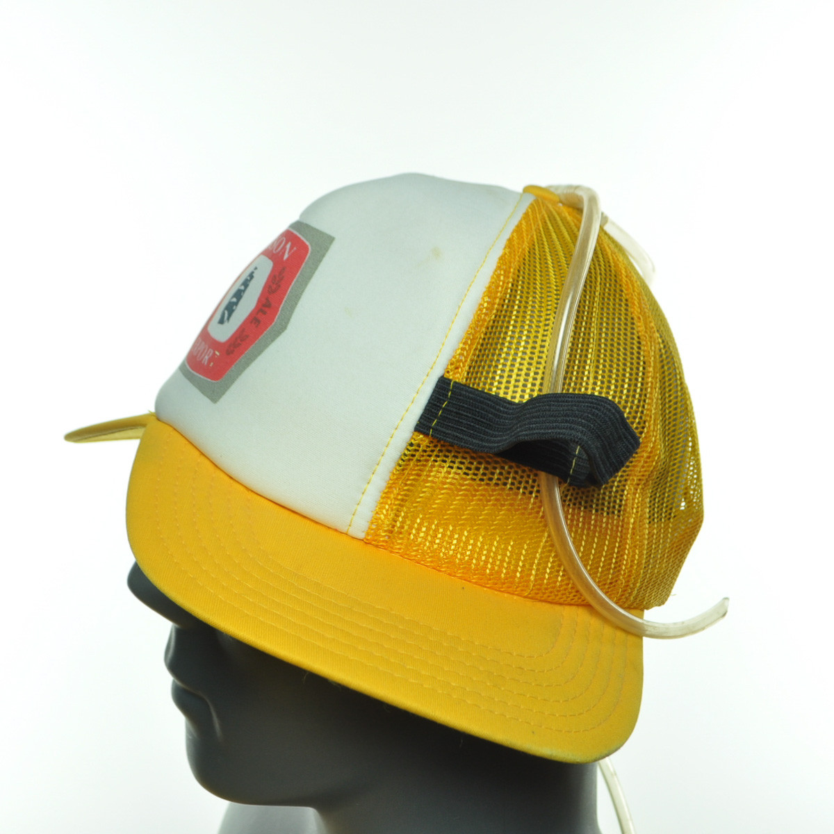 Beer Drinking Cap Hat Holds Two Beers Snapback Truckers Mesh Yellow/White