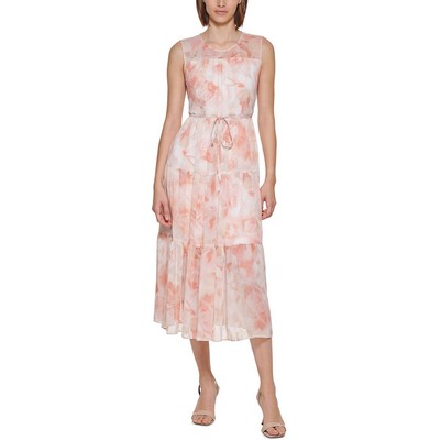 

Calvin Klein Womens Многоуровневое платье миди из телячьей кожи с принтом Petites BHFO 9515, Blossom print