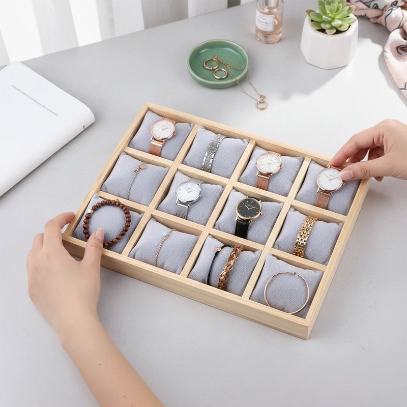 12 Slot Wooden Watch Box Jewelry Organizer Display Tray Bracelet Storage Case