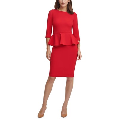 

Женское красное офисное платье-футляр с баской и рукавами 3/ Calvin Klein  BHFO 0769, Красный