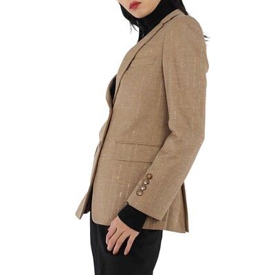 Pre-owned Burberry Ladies Pecan Melange Faux Crystal Pinstripes Wool Jersey Jacket, Brand In Brown