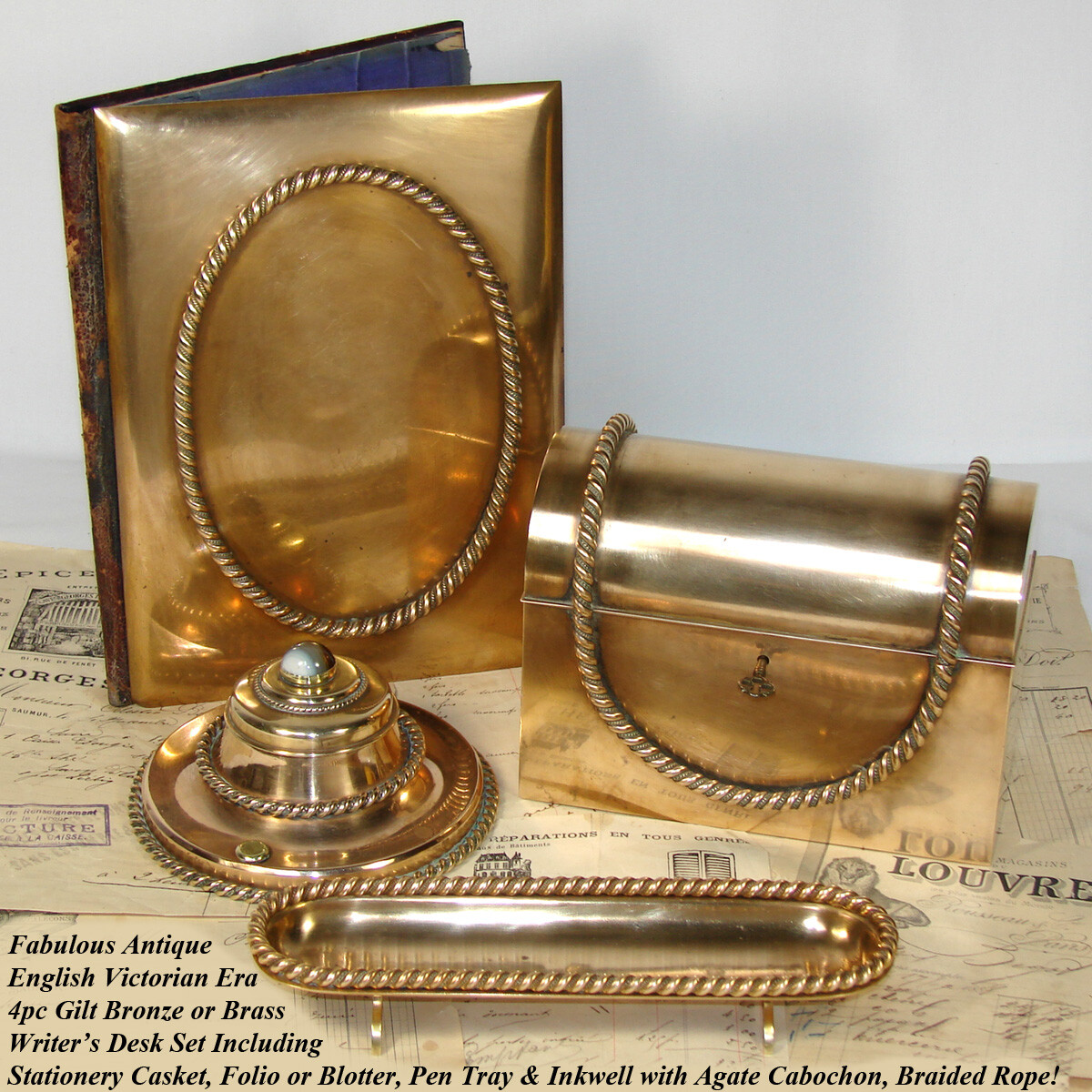English Brass & Scottish Agate Mounted Inkwell English Brass & Scottish Agate Mounted Inkwell