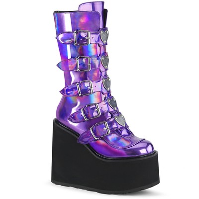 DEMONIA SWING-230 HALBHOHE DEMONIA DAMEN KEILPLATEAU 10 SCHNALLEN STIEFEL LILA HOLOGRAMM