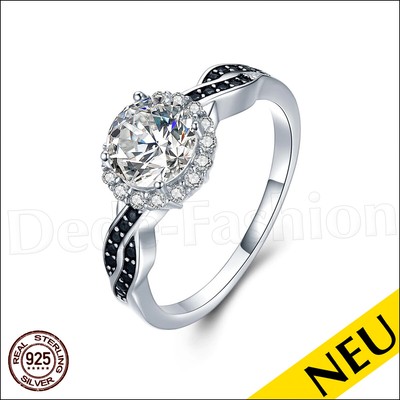 NEU Echt 925 Silber RING Cubic Zirkonia SOLITÄR Black SPINELL 9 / 59 Luxus