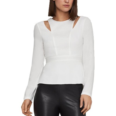 

BCBGMAXAZRIA Женская креповая блузка цвета слоновой кости с вырезом на молнии сзади и баской топ  BHFO 1013, Off white