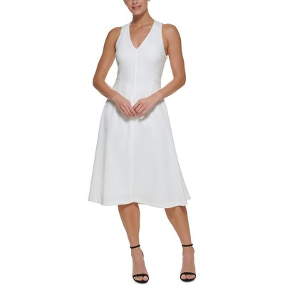 DKNY Womens Ivory Crepe V-Neck Daytime Midi Dress 4 BHFO 7485