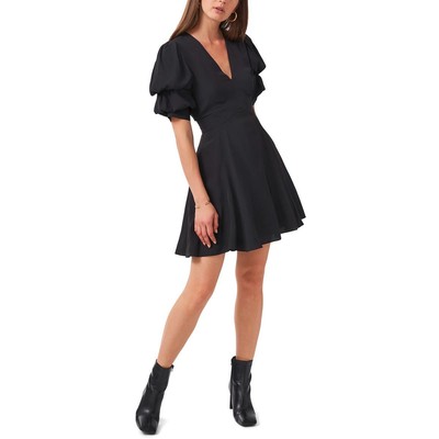 1.State Womens Black Puff Sleeve V-Neck Above Knee Fit & Flare Dress M BHFO 7837