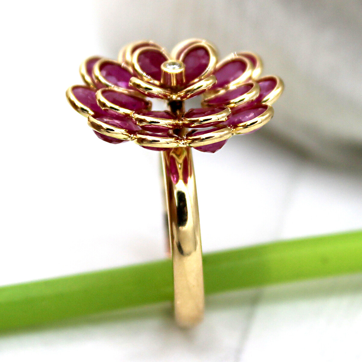 Pre-owned Archariel Natural Flower Ruby Diamond Statement Ring 14kt Solid Yellow Gol Meaniful Gift In Red