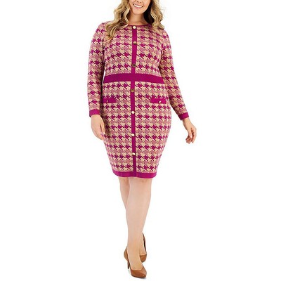 Taylor Womens Tan Houndstooth Knee-Length Sweaterdress Plus 1X BHFO 7628