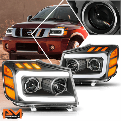 For 04-15 Titan/05-07 Armada LED DRL+Turn Signal Projector Headlight Black/Amber