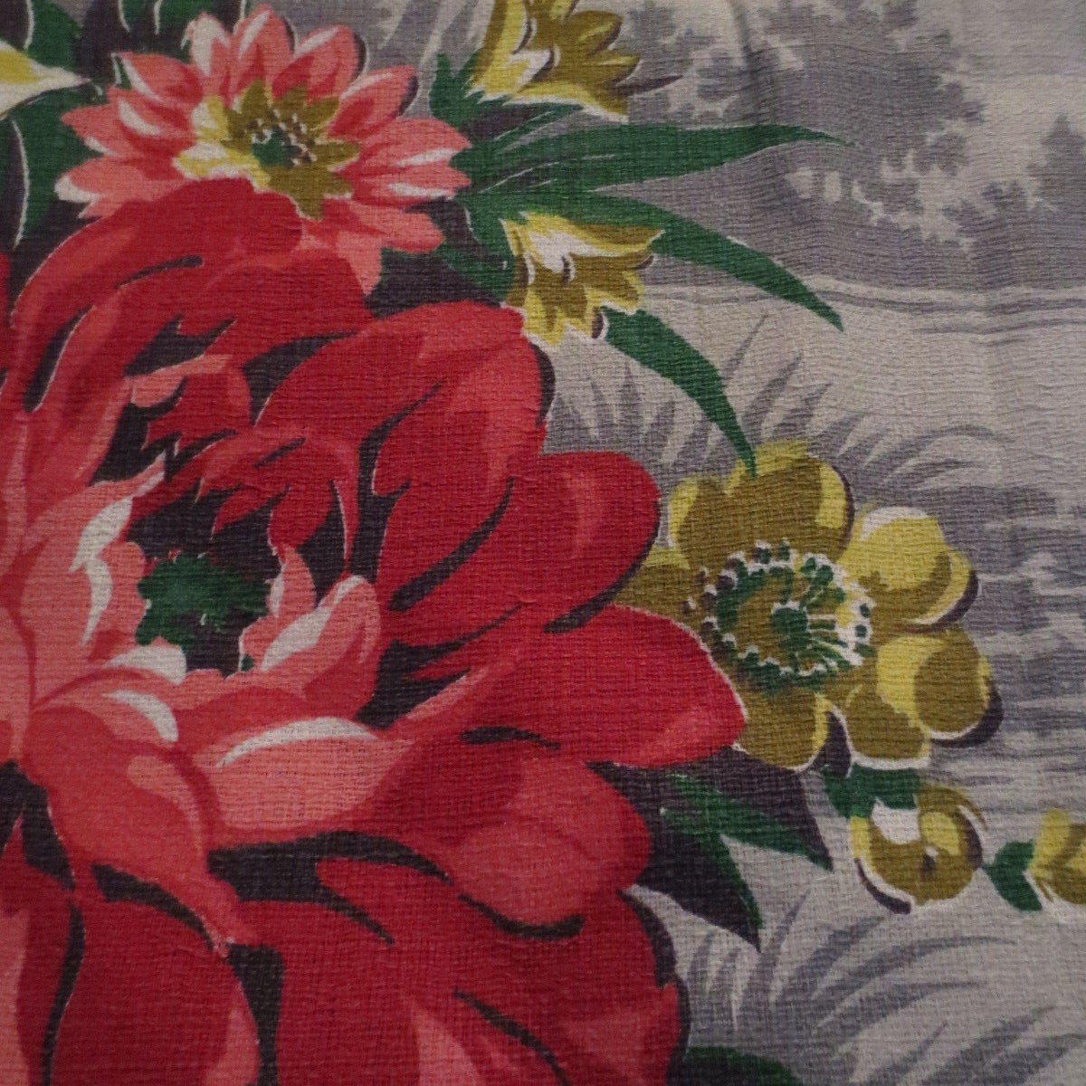 VINTAGE BARKCLOTH TROPICAL GRAY, RED, PINK & YELLOW PANEL (65