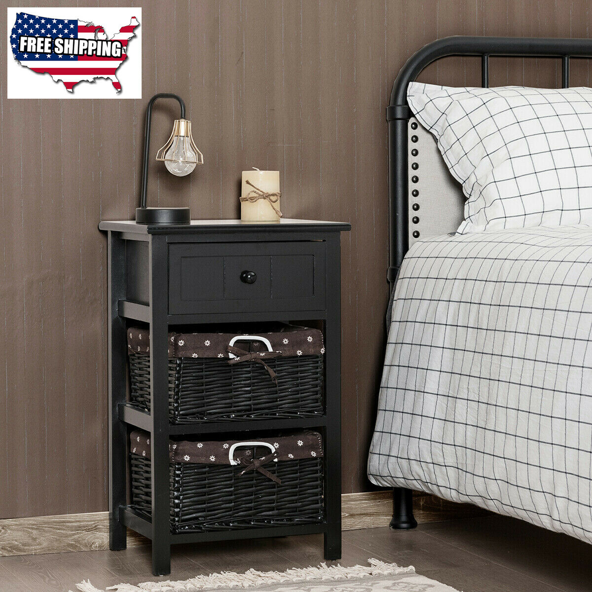 3 Layer 1 Drawer Nightstand End Table With 2 Baskets 696552422805